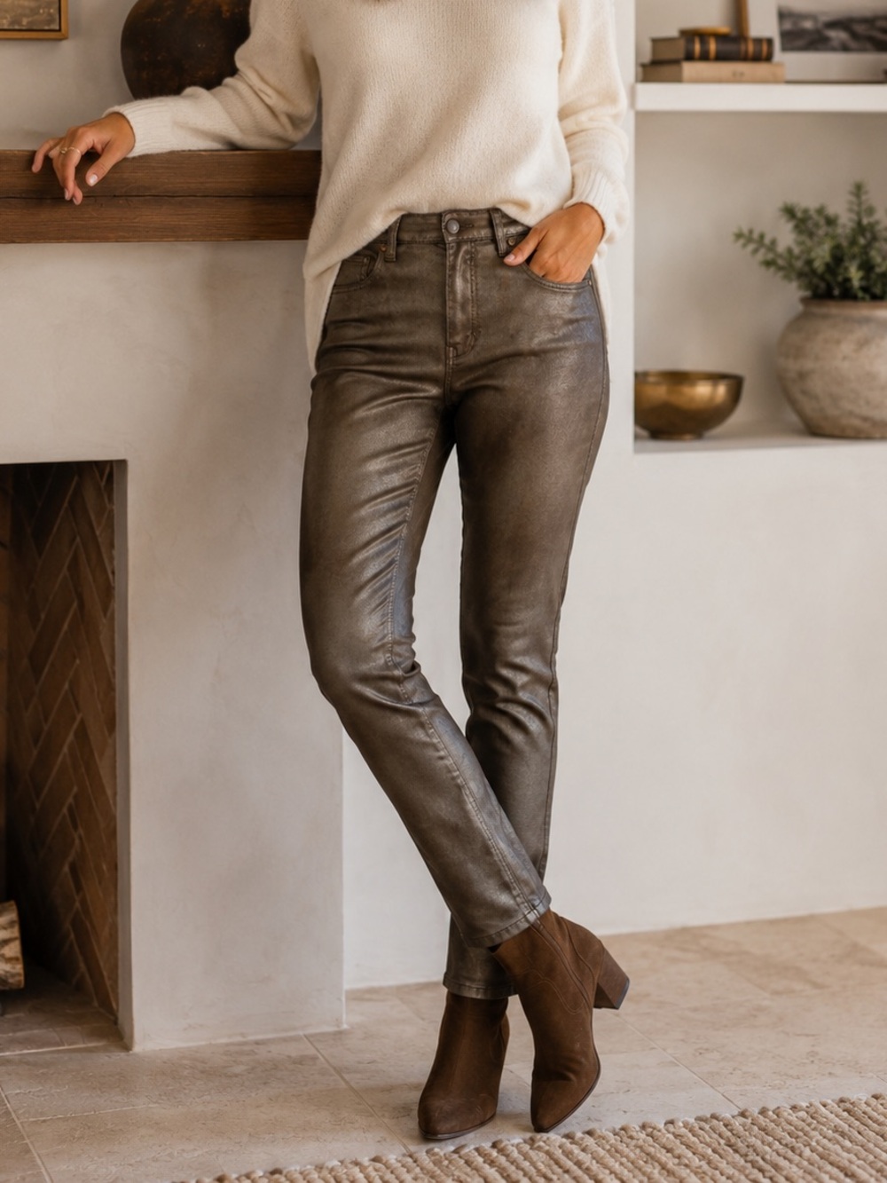 Peruvian Connection Metallic Coated Skinny Jeans Pants US 6